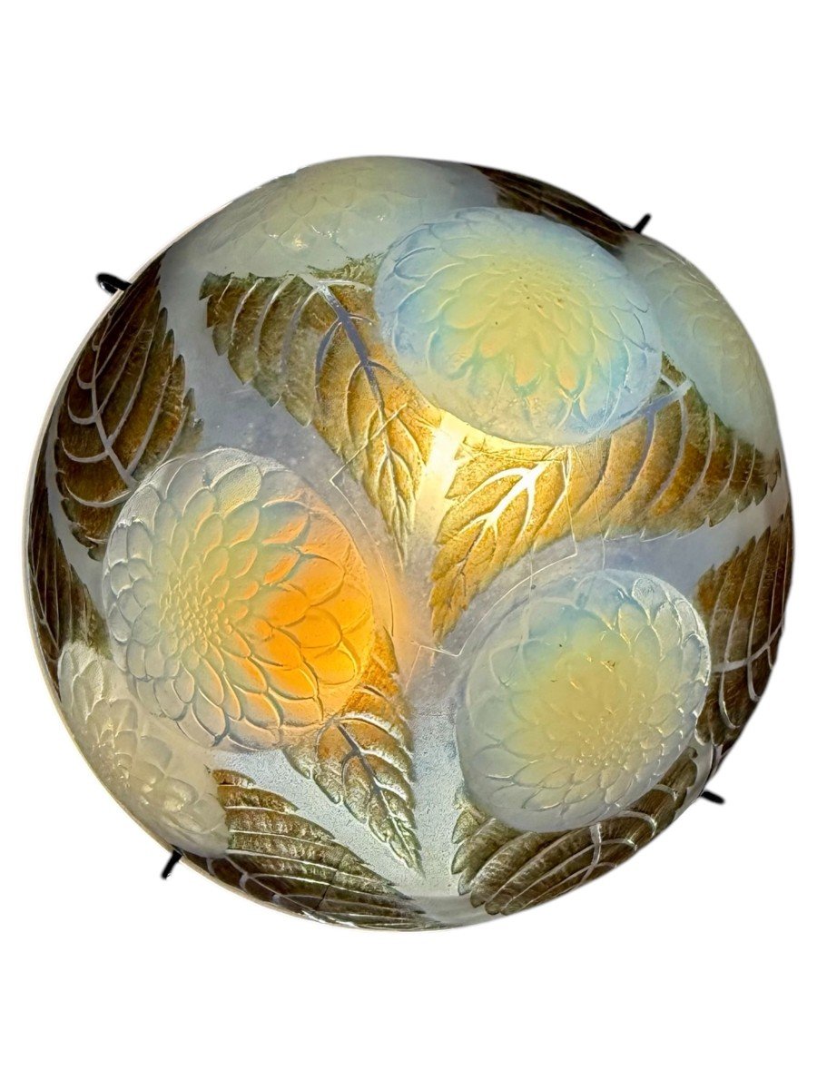 1921 René Lalique - Chandelier Dahlias Opalescent Glass With Sepia Patina-photo-3