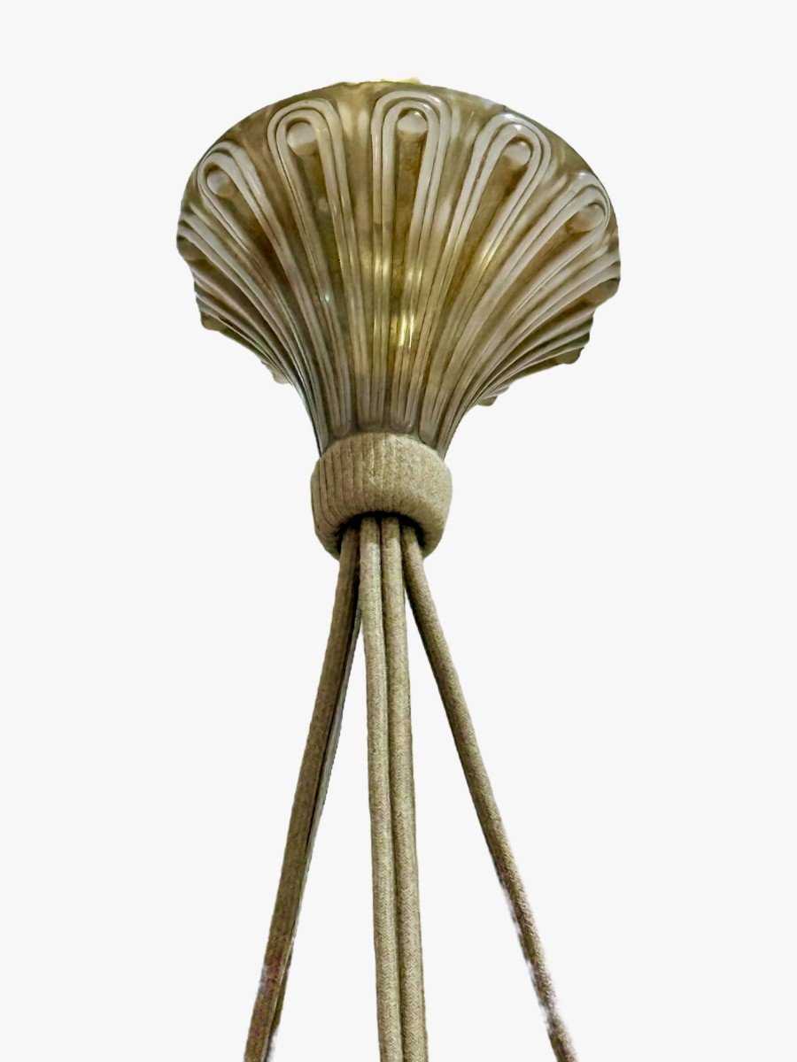 1921 René Lalique - Chandelier Dahlias Opalescent Glass With Sepia Patina-photo-4