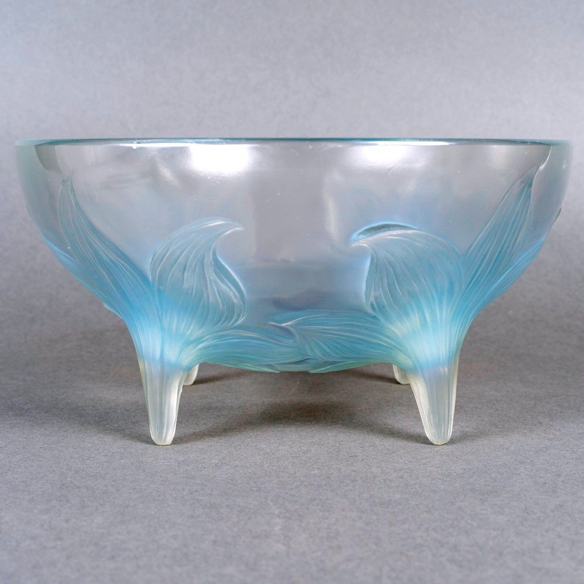 1924 René Lalique - Bowl Lys Lily Opalescent Glass With Blue Patina-photo-4