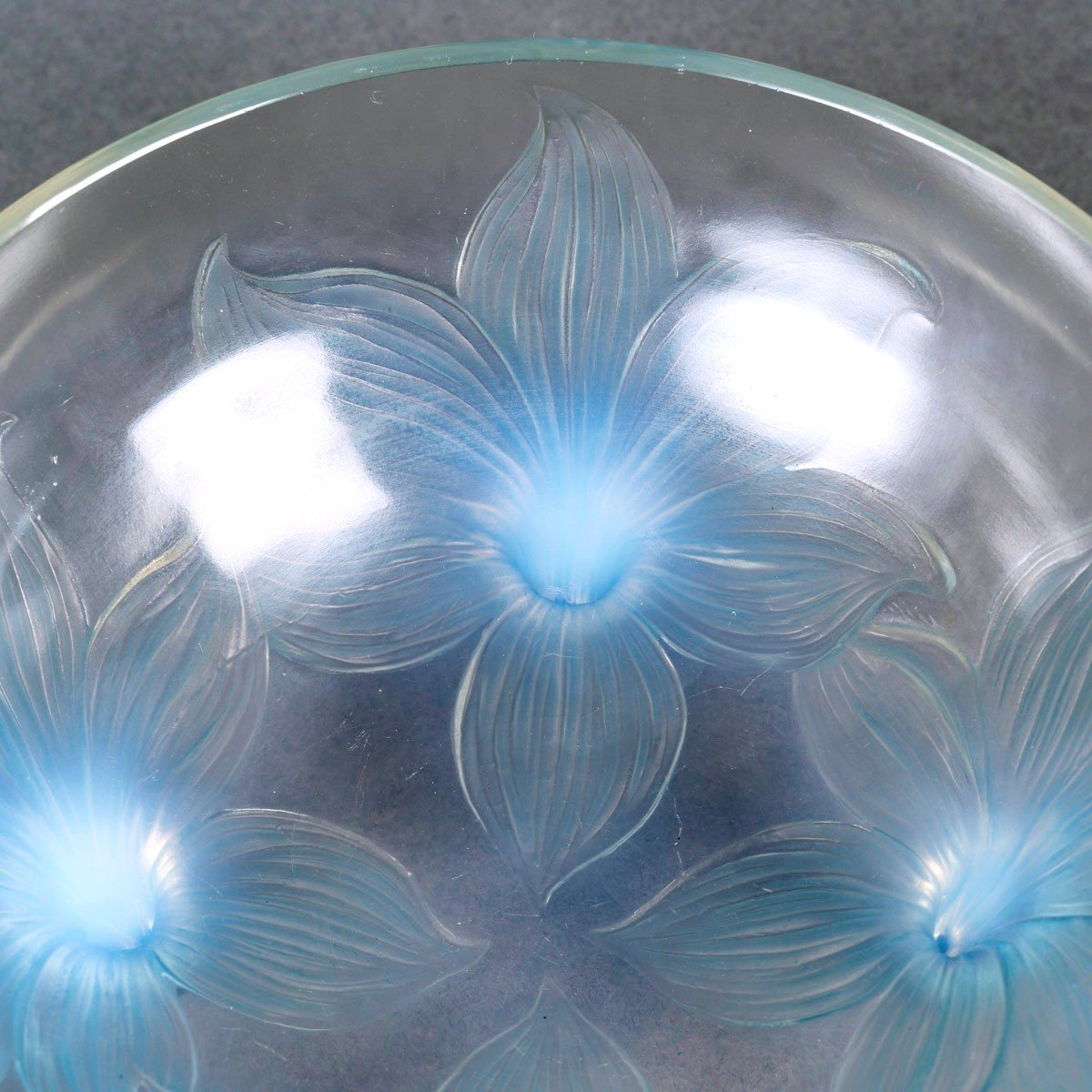 1924 René Lalique - Bowl Lys Lily Opalescent Glass With Blue Patina-photo-2