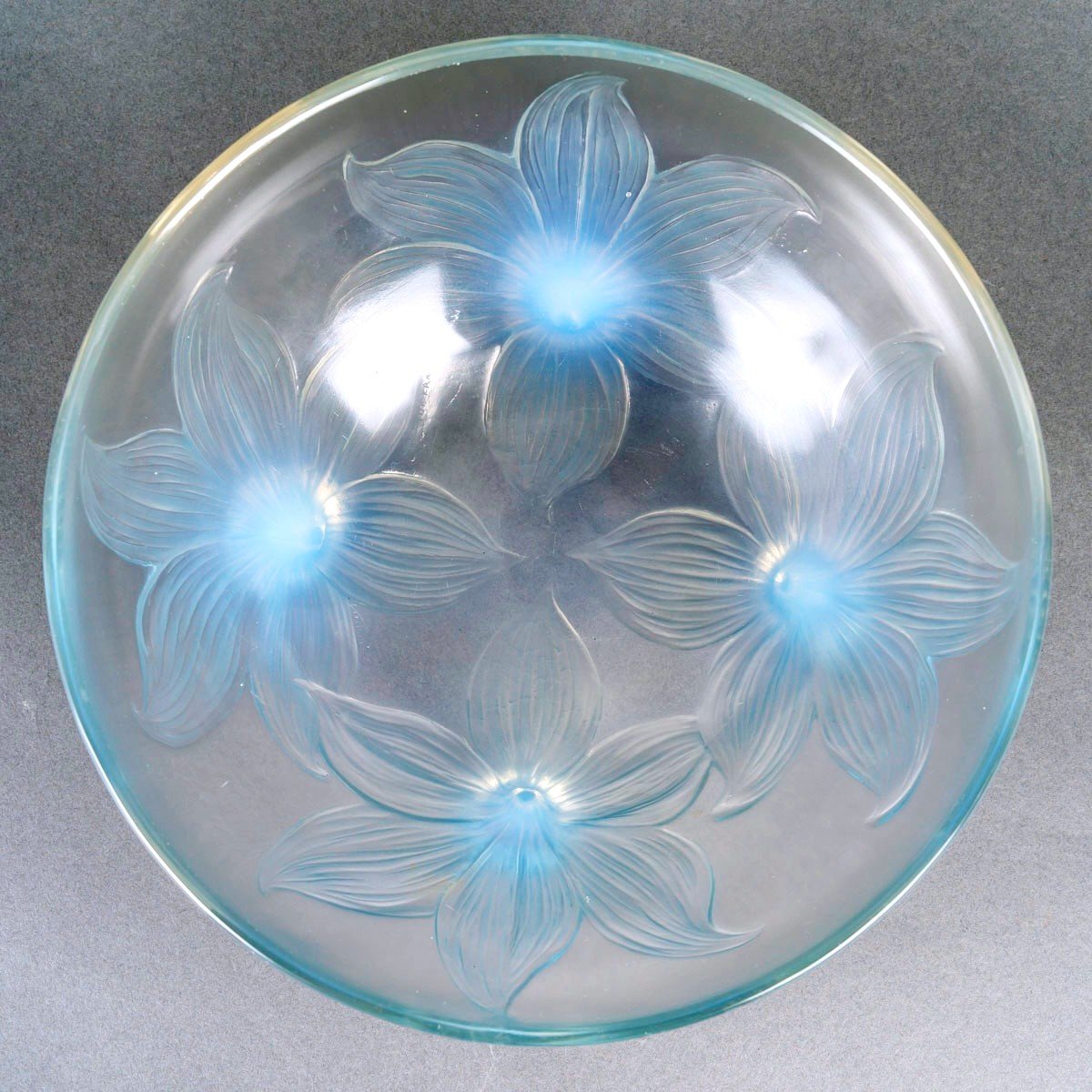 1924 René Lalique - Bowl Lys Lily Opalescent Glass With Blue Patina-photo-3