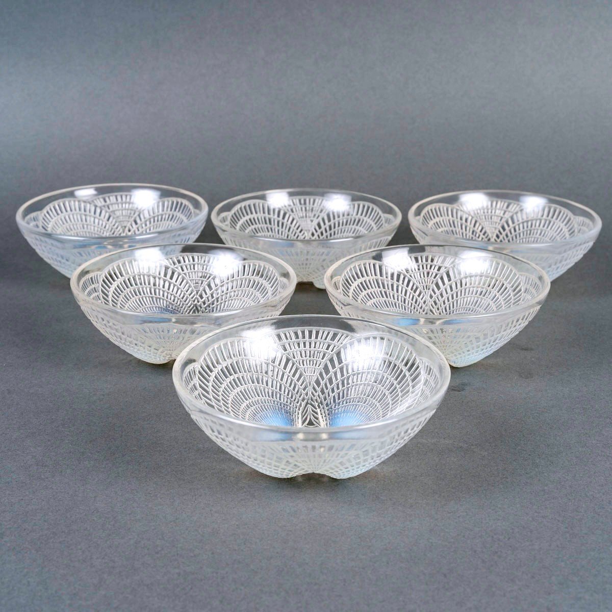 1924 René Lalique - 6 Bowls Coquilles Shells Opalescent Glass-photo-2