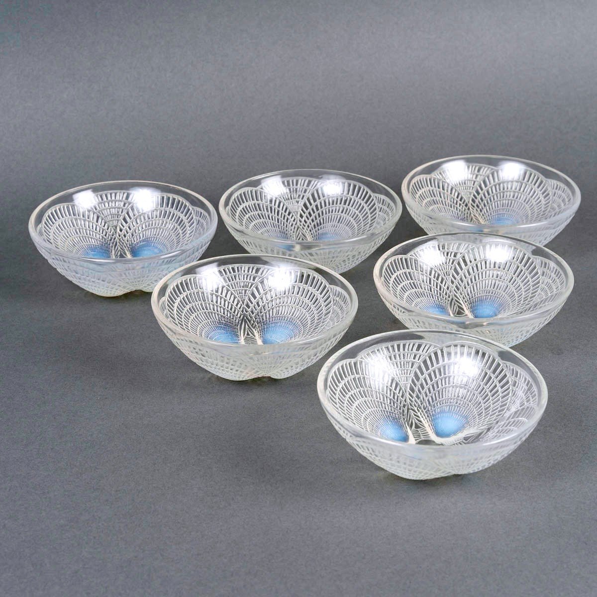 1924 René Lalique - 6 Bowls Coquilles Shells Opalescent Glass