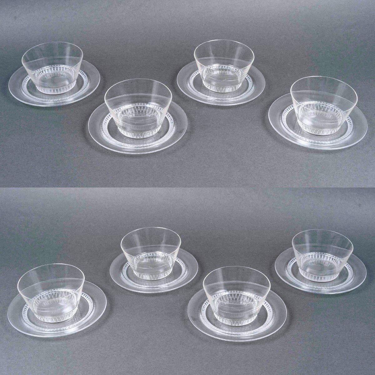 1933 René Lalique - Art Deco Dinner Service Bourgueil Glass 8 Plates 8 Bowl 