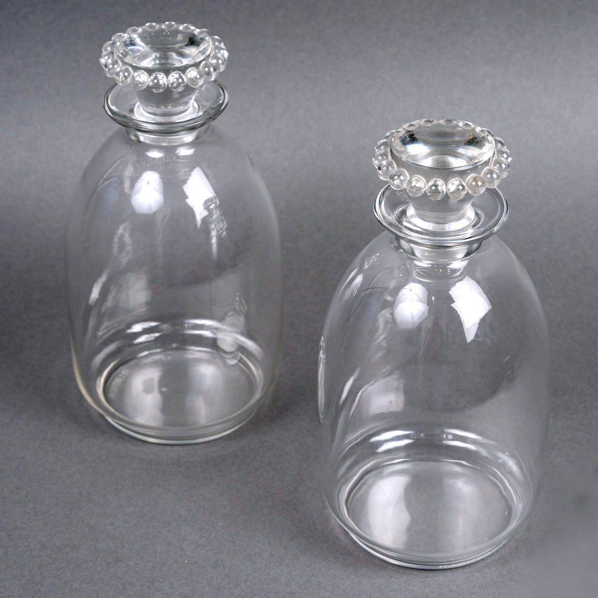 1935 René Lalique - Paire De Carafes Art Déco Boules Verre Blanc-photo-3