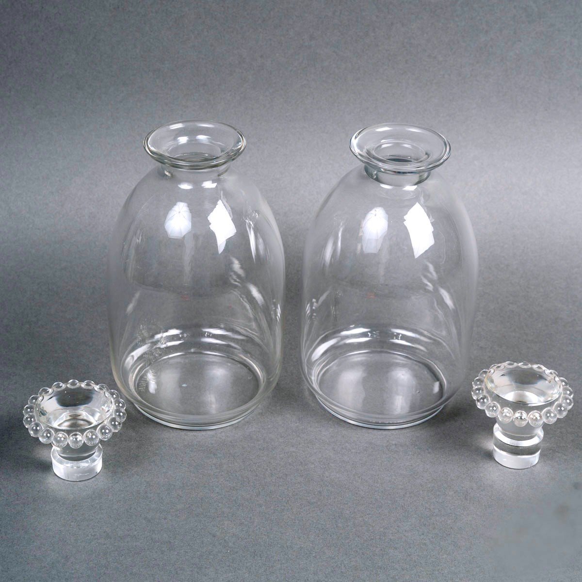 1935 René Lalique - Paire De Carafes Art Déco Boules Verre Blanc-photo-4