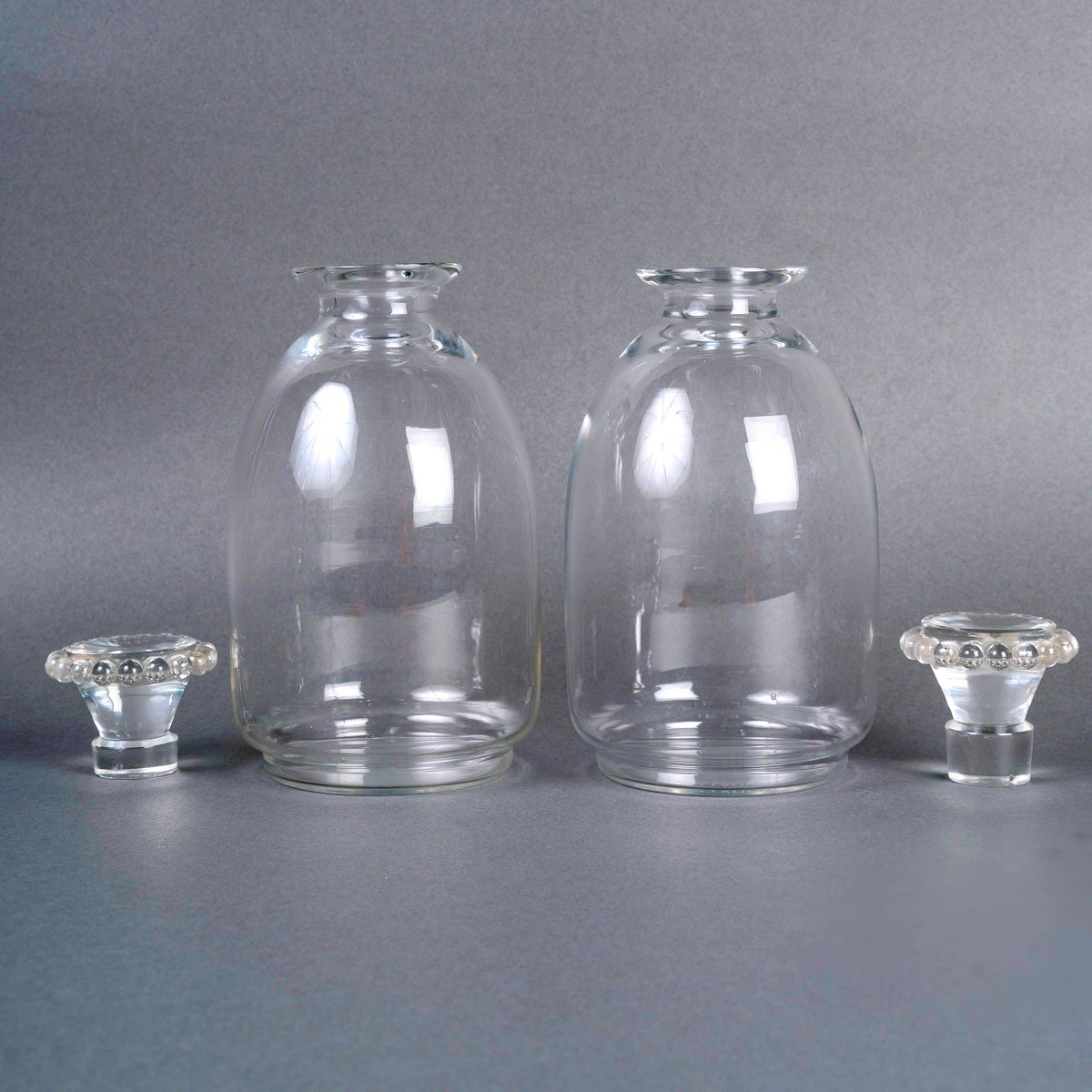 1935 René Lalique - Paire De Carafes Art Déco Boules Verre Blanc-photo-1