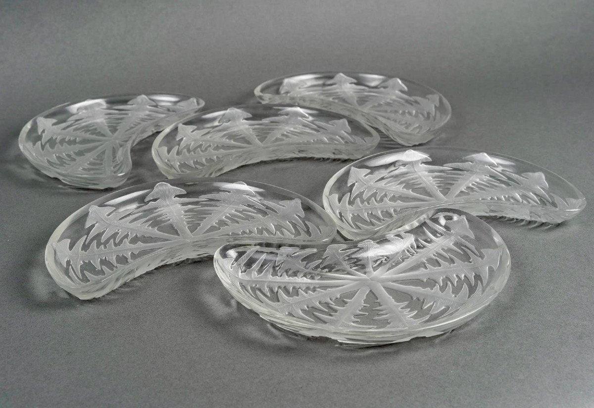 1924 René Lalique - 6 Assiettes à Salade Pissenlit Verre Blanc -photo-4