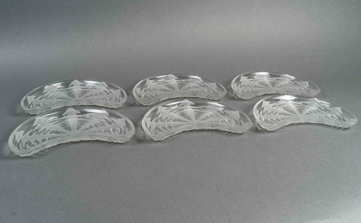 1924 Rene Lalique - 6 Salad Crescent Plates Pissenlit Dandelion Glass -photo-3