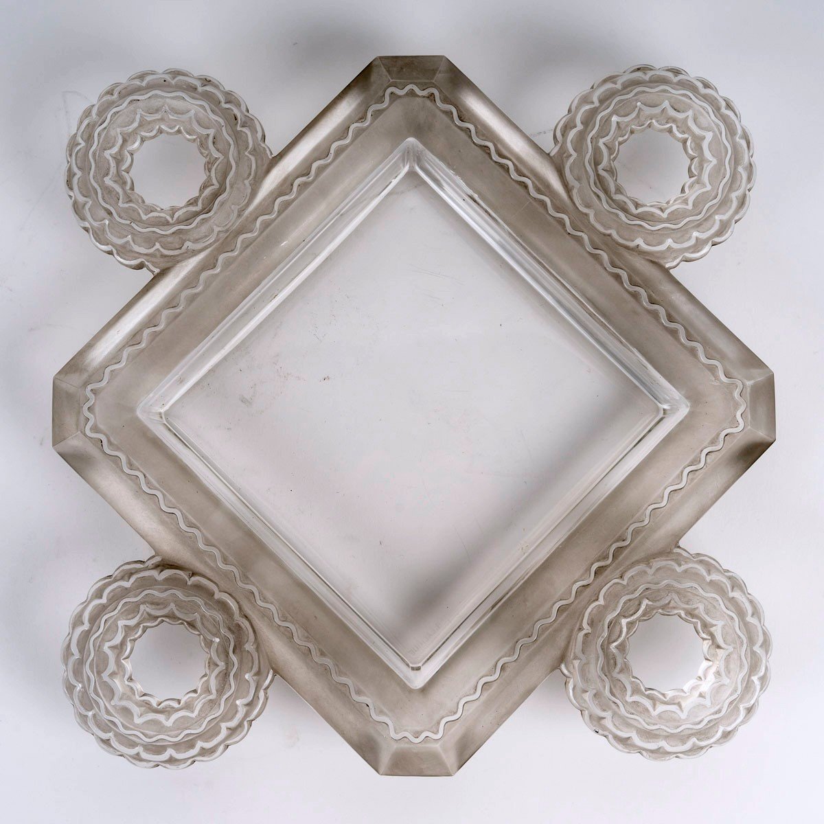 1944 René Lalique - Jardinière Coupe Cluny Verre Blanc Patiné Gris-photo-2