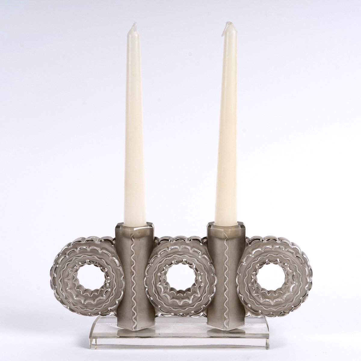 1944 René Lalique - Art Deco Candlestick Cluny Glass With Grey Patina