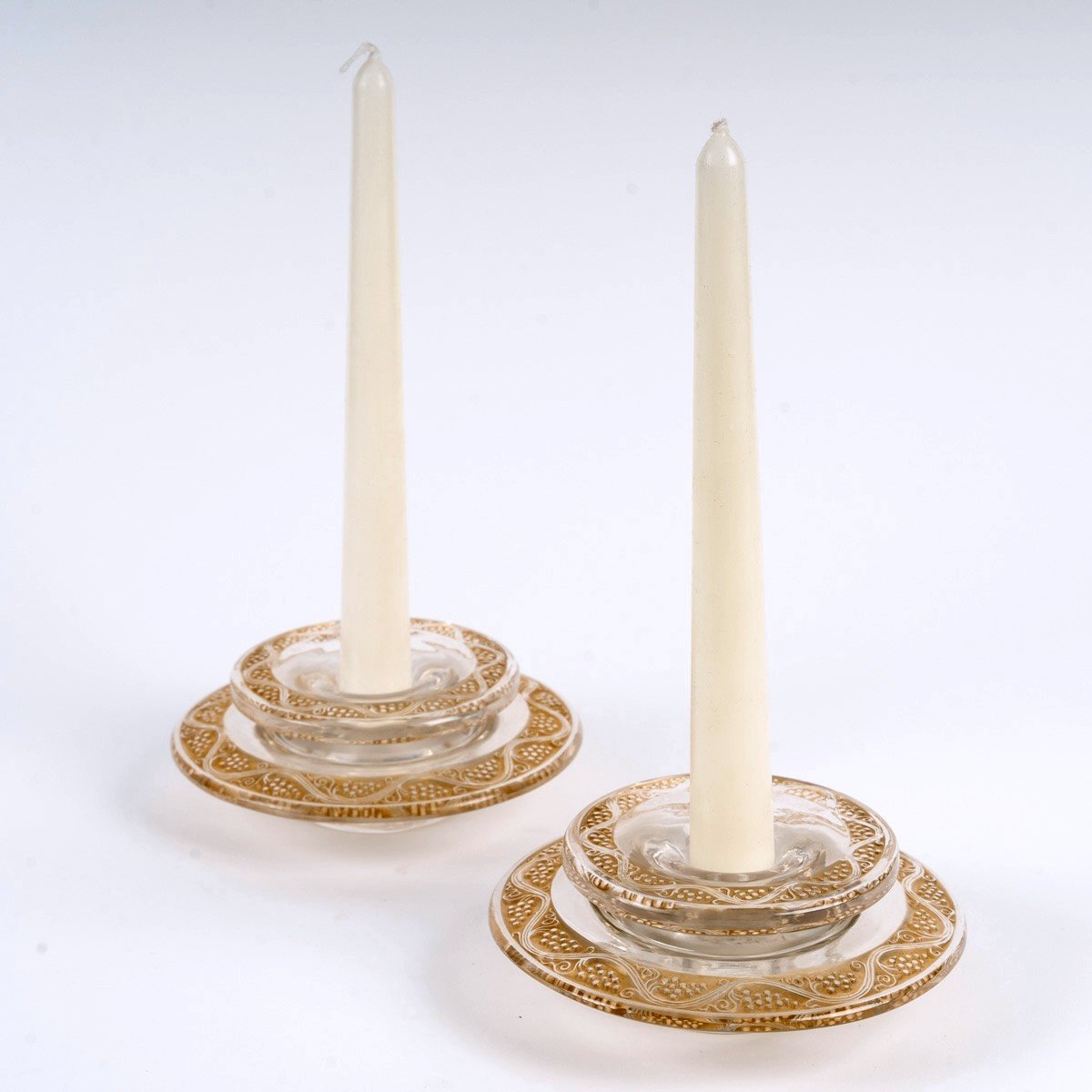 1934 René Lalique - Pair Of Art Deco Ricquewihr Candlesticks Glass With Sepia Patina-photo-2