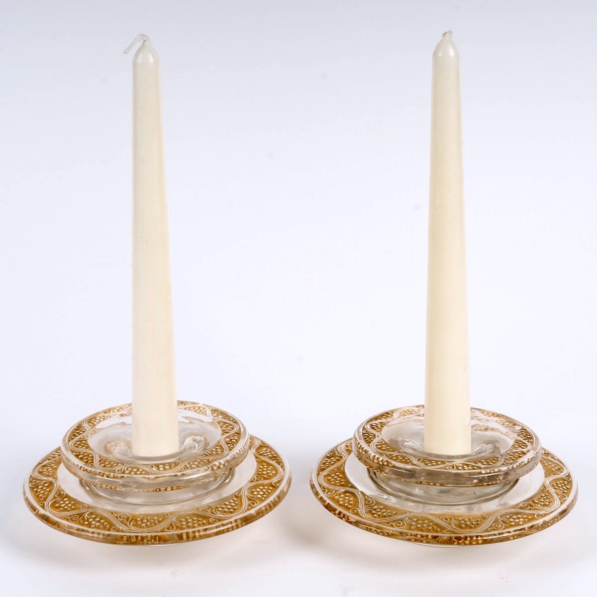 1934 René Lalique - Pair Of Art Deco Ricquewihr Candlesticks Glass With Sepia Patina