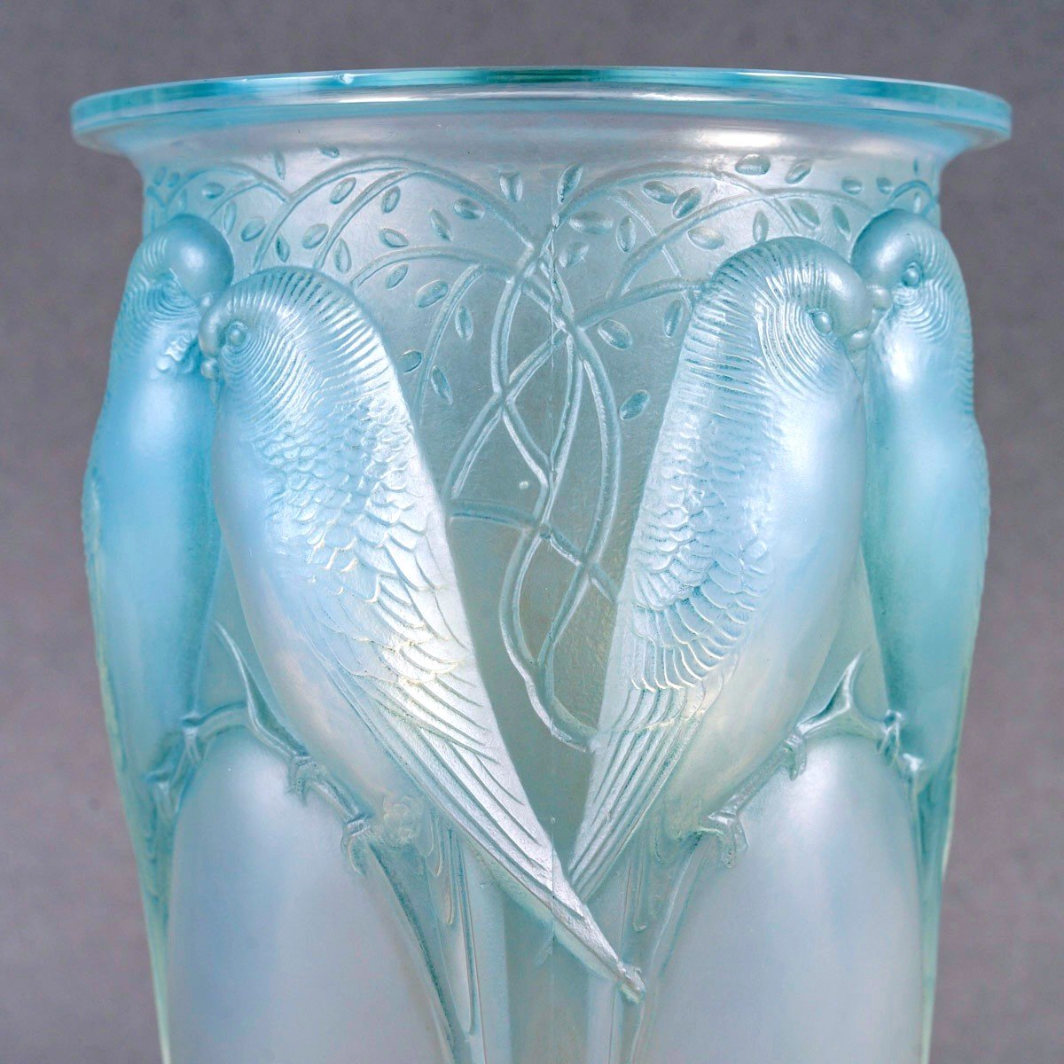 1924 René Lalique - Vase Ceylan Opalescent Glass With Blue Patina-photo-1