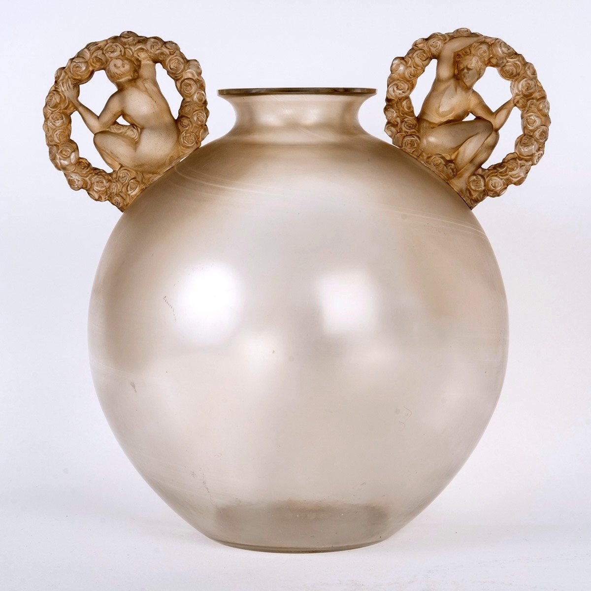 1926 René Lalique - Vase Ronsard Verre Blanc Patiné Sépia-photo-2