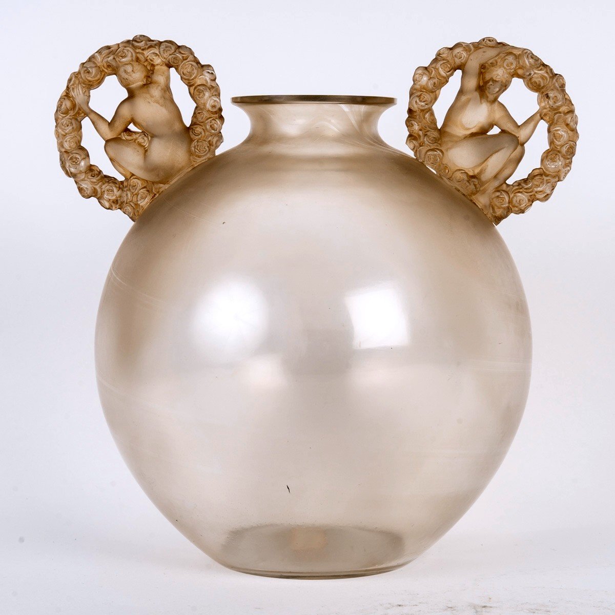 1926 René Lalique - Vase Ronsard Verre Blanc Patiné Sépia-photo-4