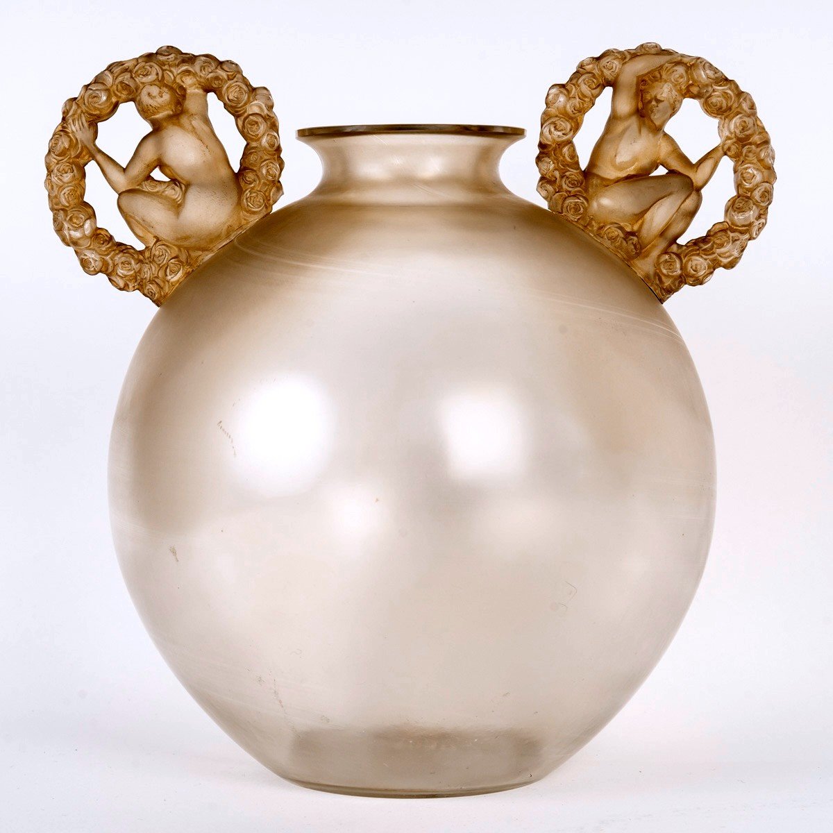 1926 René Lalique - Vase Ronsard Verre Blanc Patiné Sépia