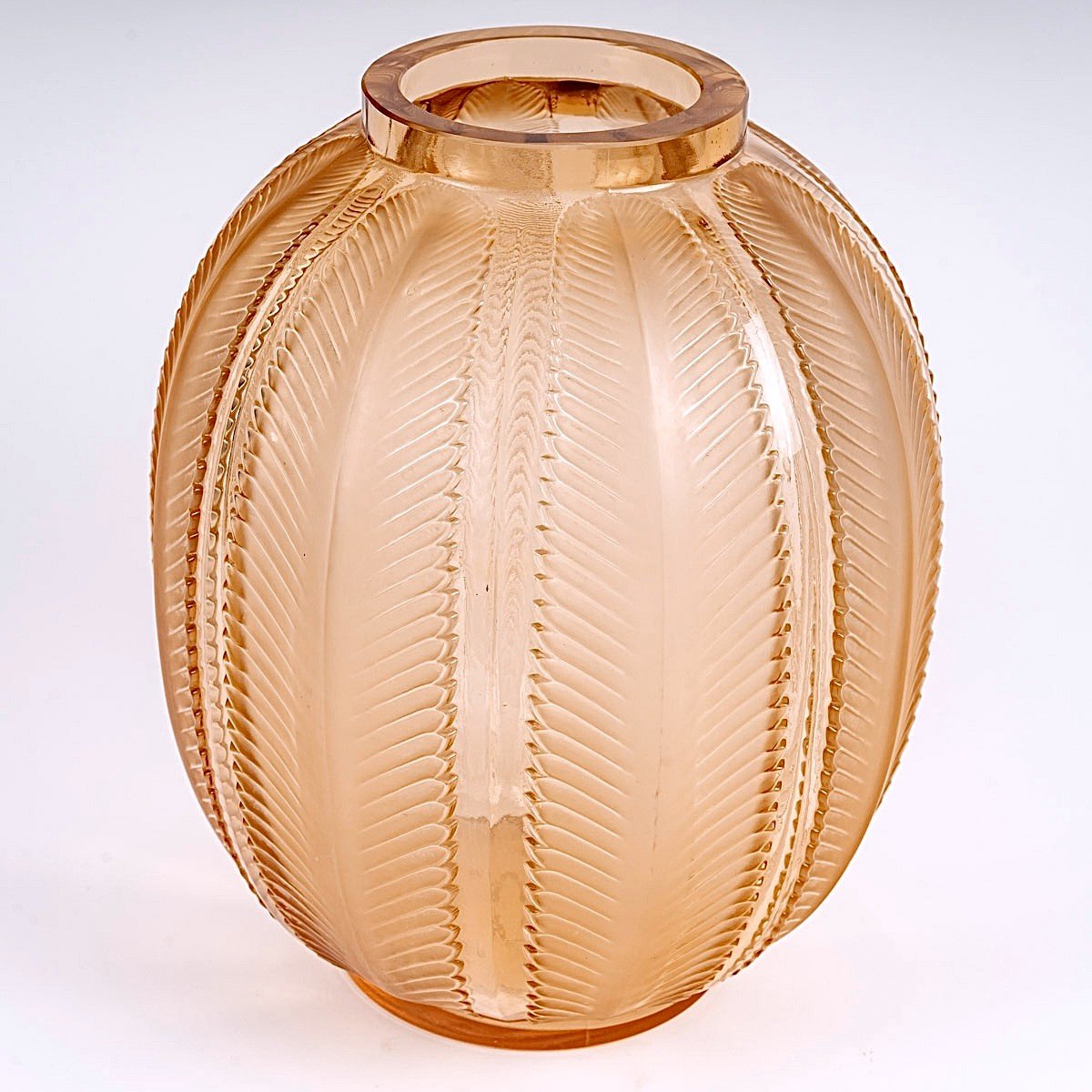 1932 René Lalique - Vase Biskra Verre Rose Orangé Patiné Blanc-photo-2