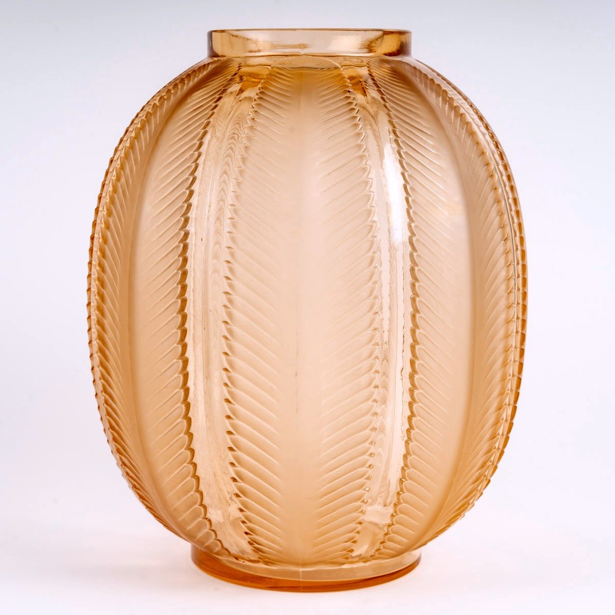 1932 René Lalique - Vase Biskra Verre Rose Orangé Patiné Blanc