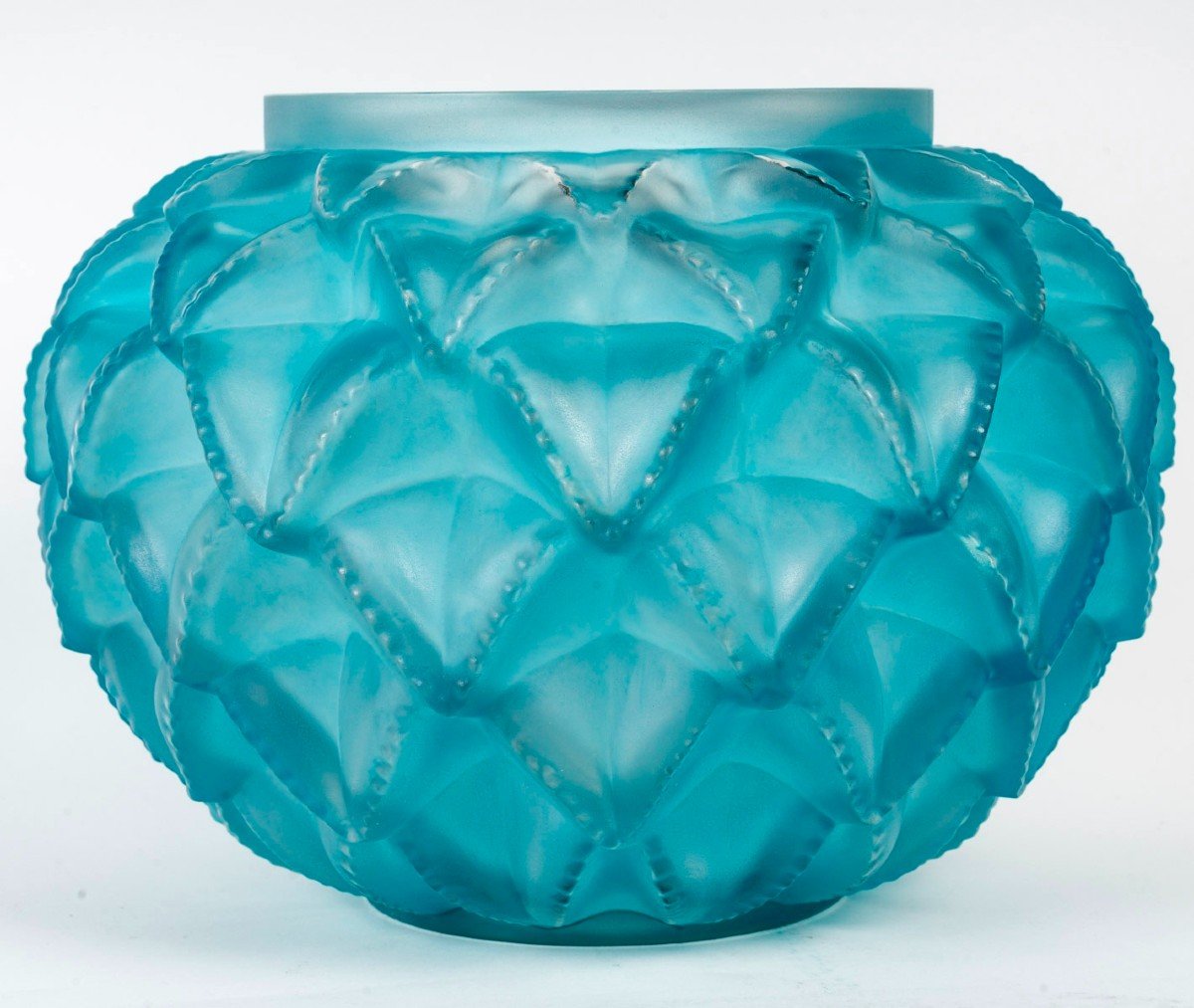 1929 René Lalique - Vase Languedoc Verre Blanc Patiné Bleu -photo-2