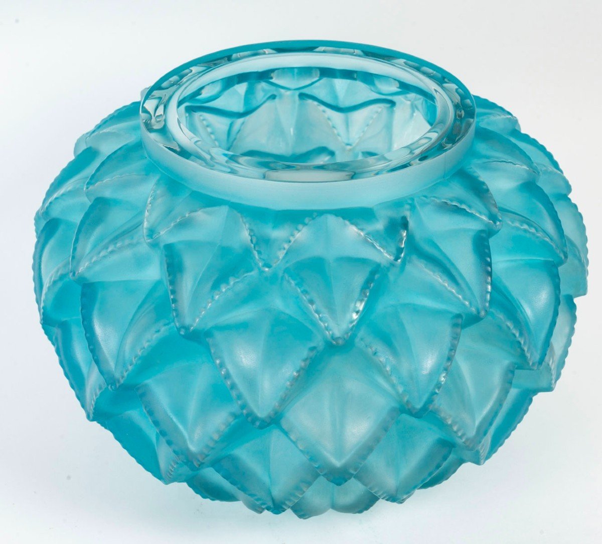 1929 René Lalique - Vase Languedoc Verre Blanc Patiné Bleu -photo-3