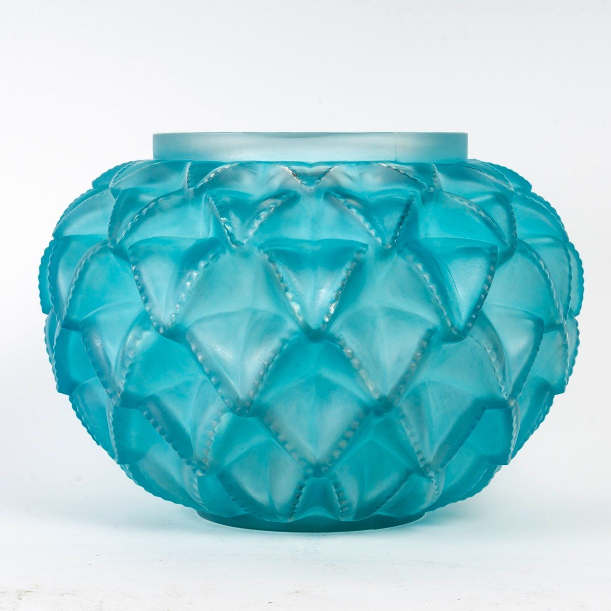 1929 René Lalique - Vase Languedoc Verre Blanc Patiné Bleu 