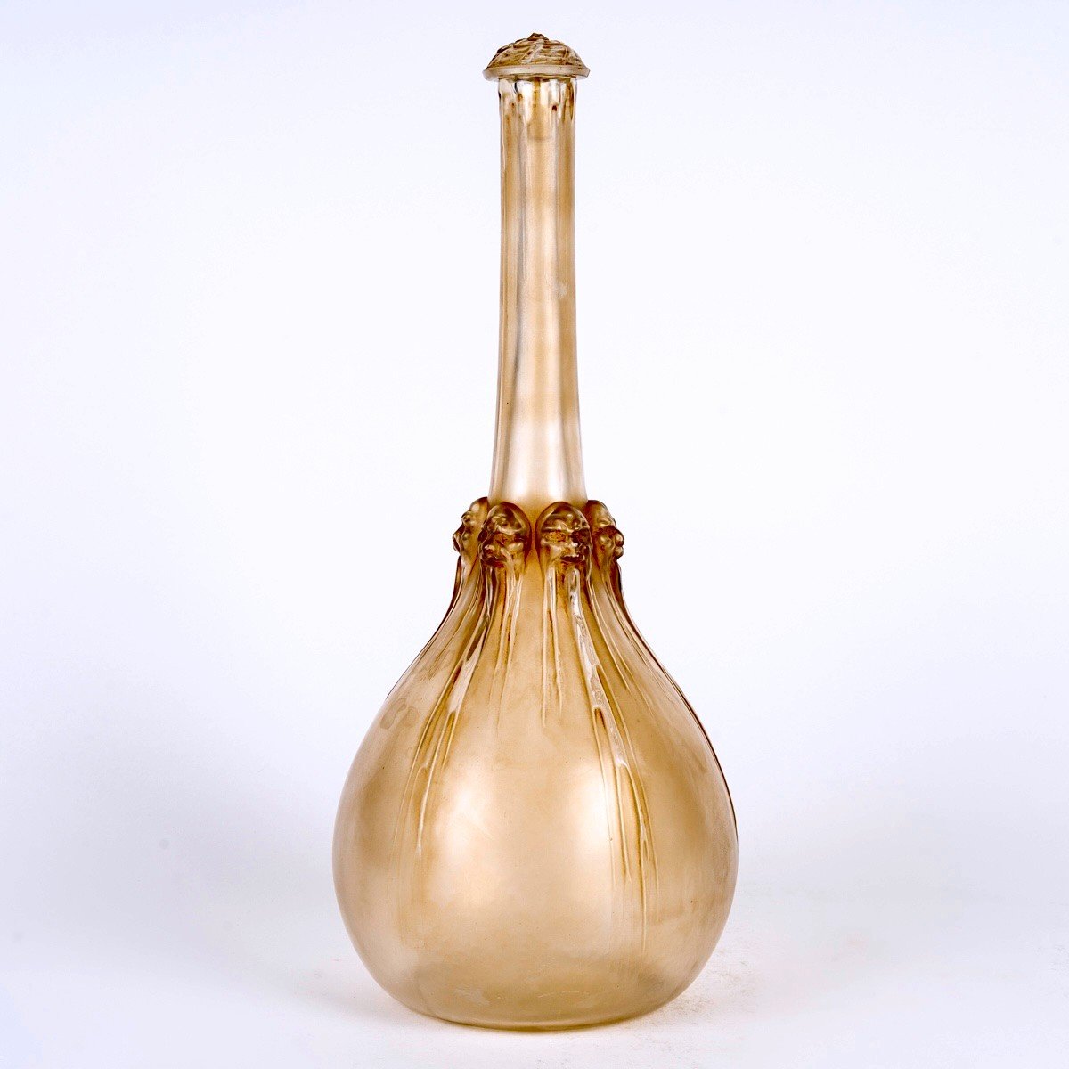 1914 René Lalique - Art Nouveau Decanter Six Tetes Glass With Sepia Patina