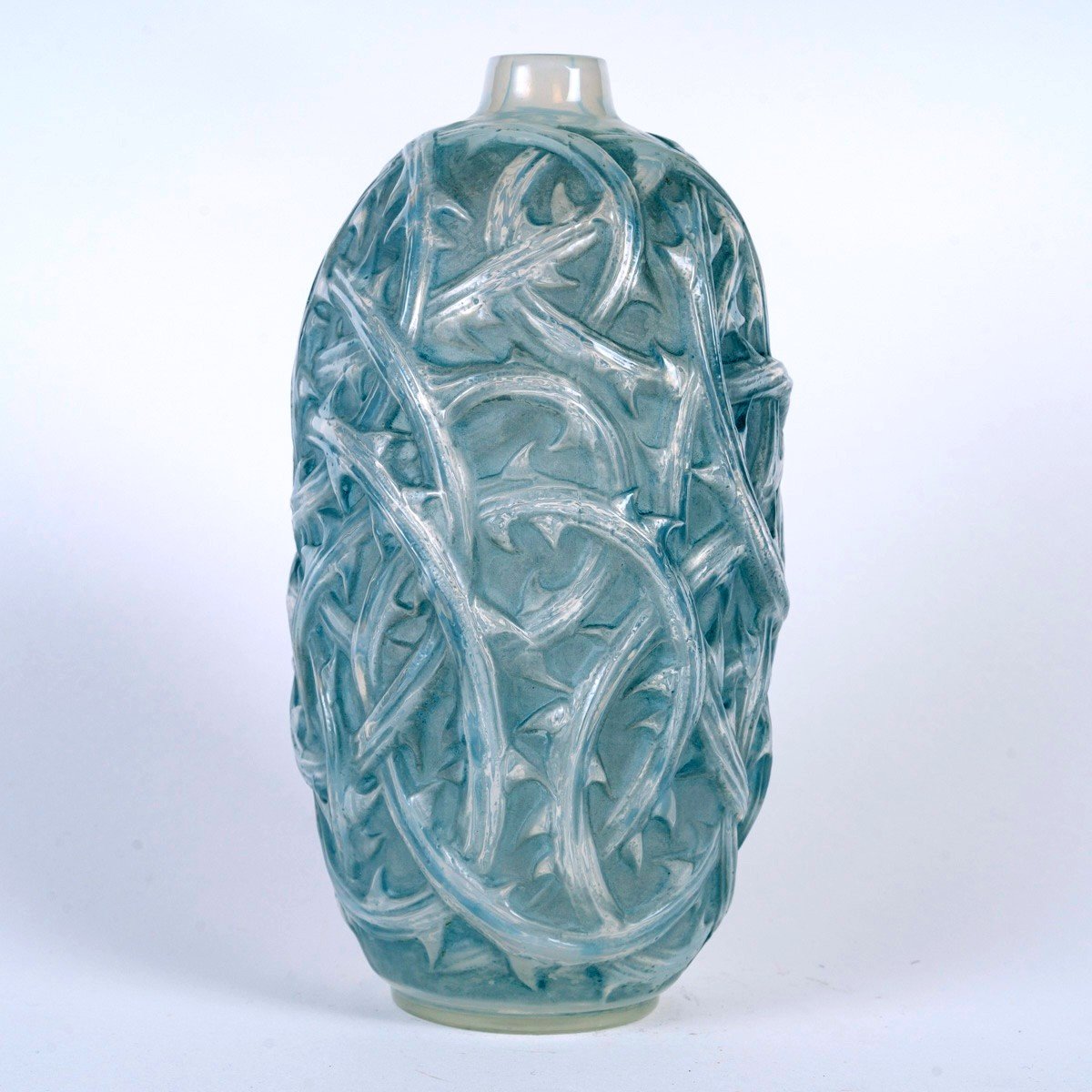 1921 René Lalique - Vase Ronces Verre Opalescent Patiné Bleu-photo-2