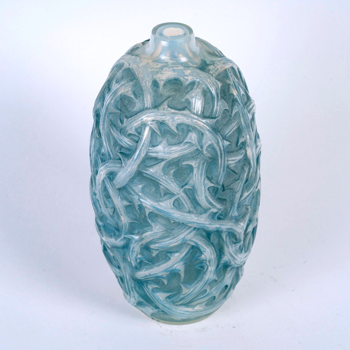 1921 René Lalique - Vase Ronces Verre Opalescent Patiné Bleu-photo-3