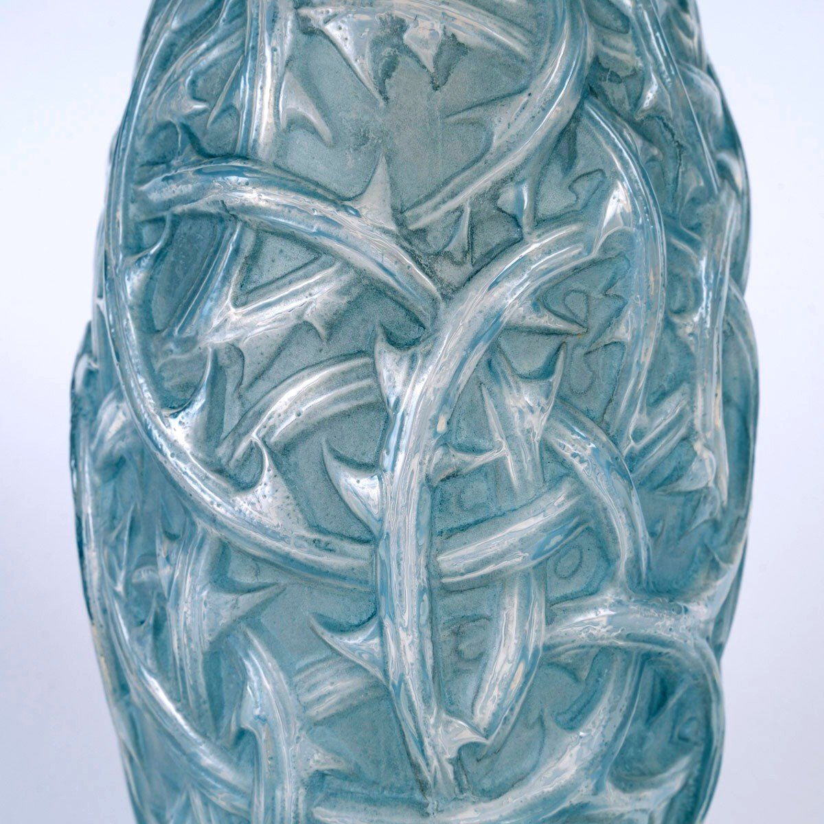 1921 René Lalique - Vase Ronces Verre Opalescent Patiné Bleu-photo-4