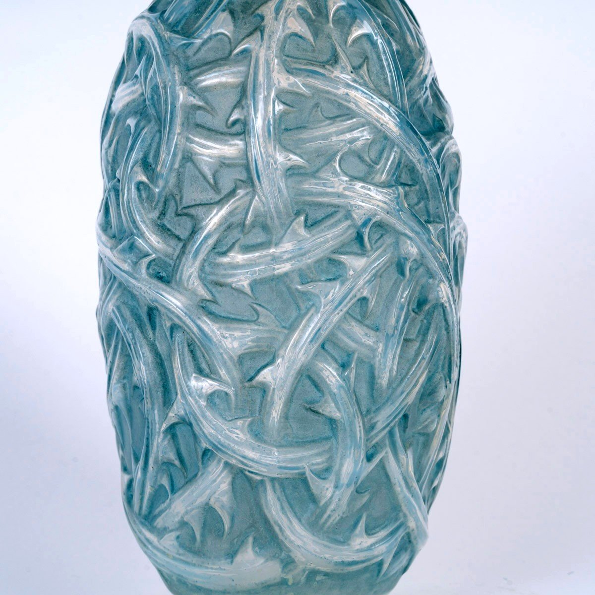 1921 René Lalique - Vase Ronces Verre Opalescent Patiné Bleu-photo-1