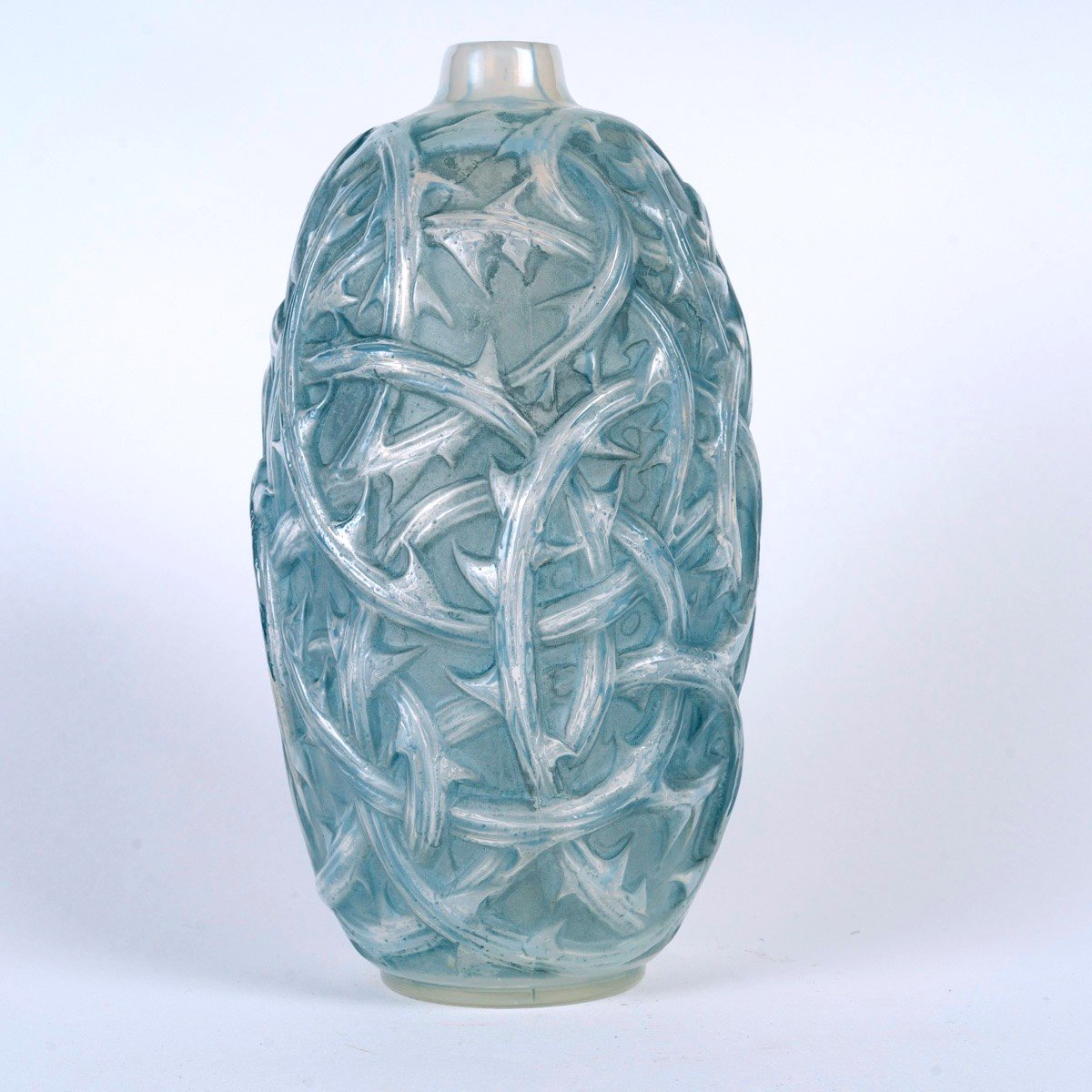 1921 René Lalique - Vase Ronces Verre Opalescent Patiné Bleu