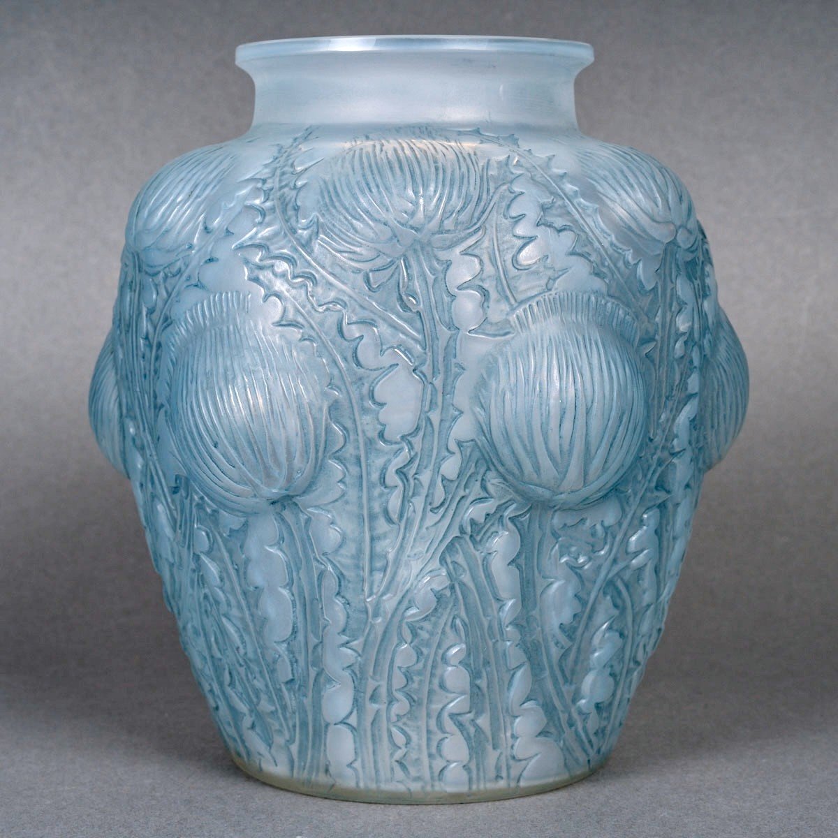 1926 René Lalique - Vase Domrémy Verre Opalescent Patiné Bleu-photo-2