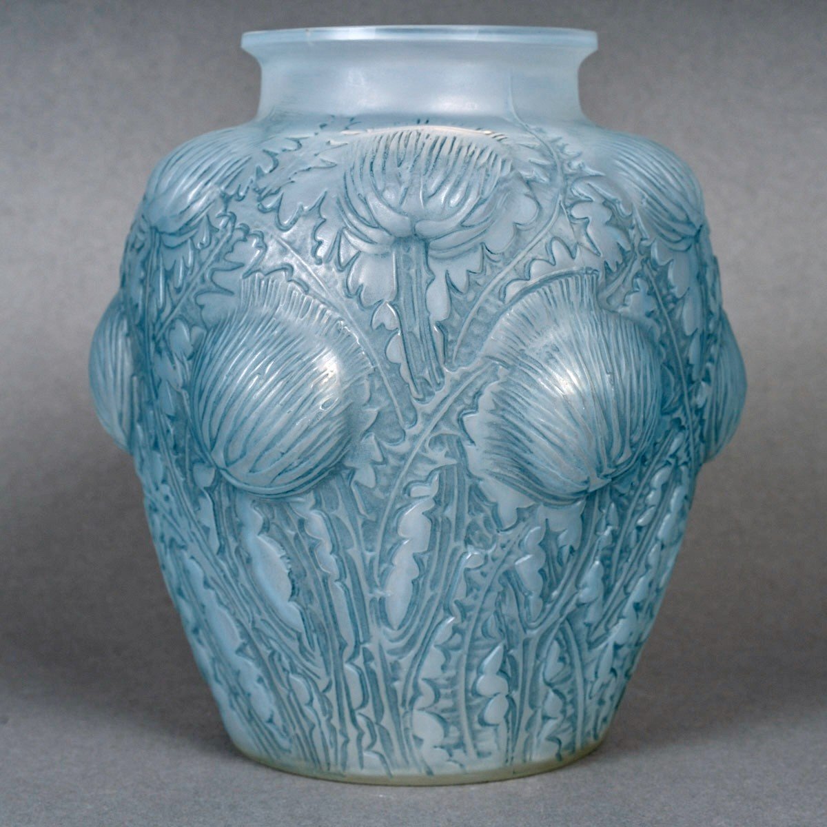 1926 René Lalique - Vase Domrémy Verre Opalescent Patiné Bleu-photo-3