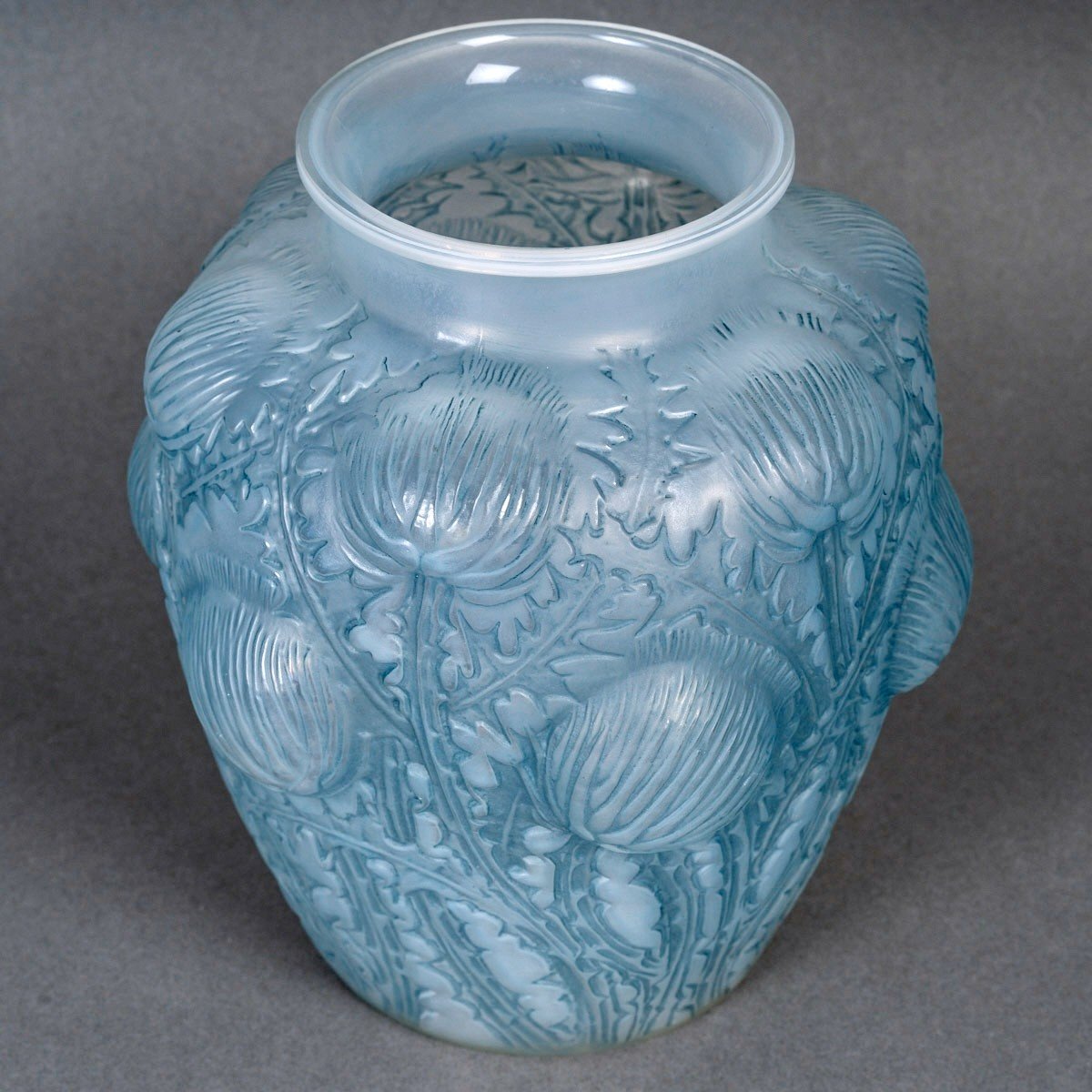 1926 René Lalique - Vase Domrémy Verre Opalescent Patiné Bleu-photo-4