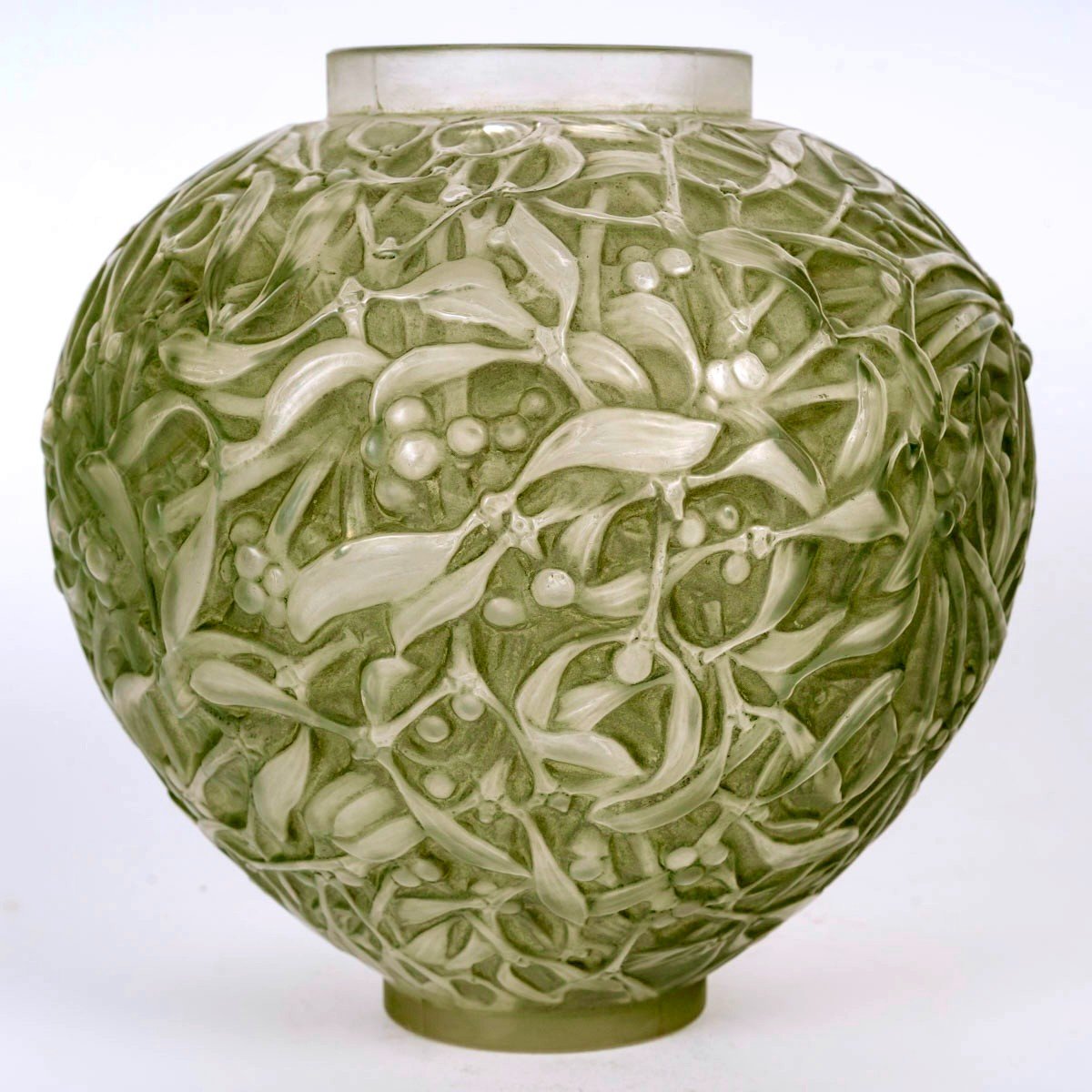 1920 René Lalique - Vase Gui Verre Blanc Patiné Vert-photo-3