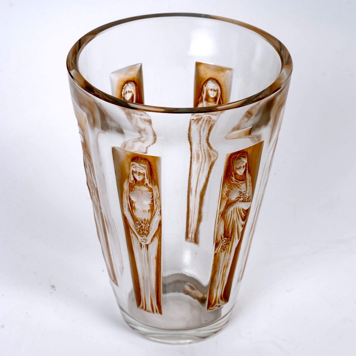 1912 René Lalique - Vase Gobelet Six Figurines Glass With Sepia Patina-photo-2