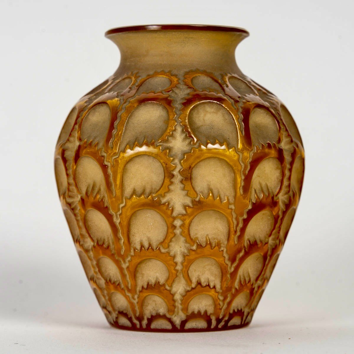 1931 René Lalique - Vase Laiterons Verre Jaune Ambré Patiné Sépia 