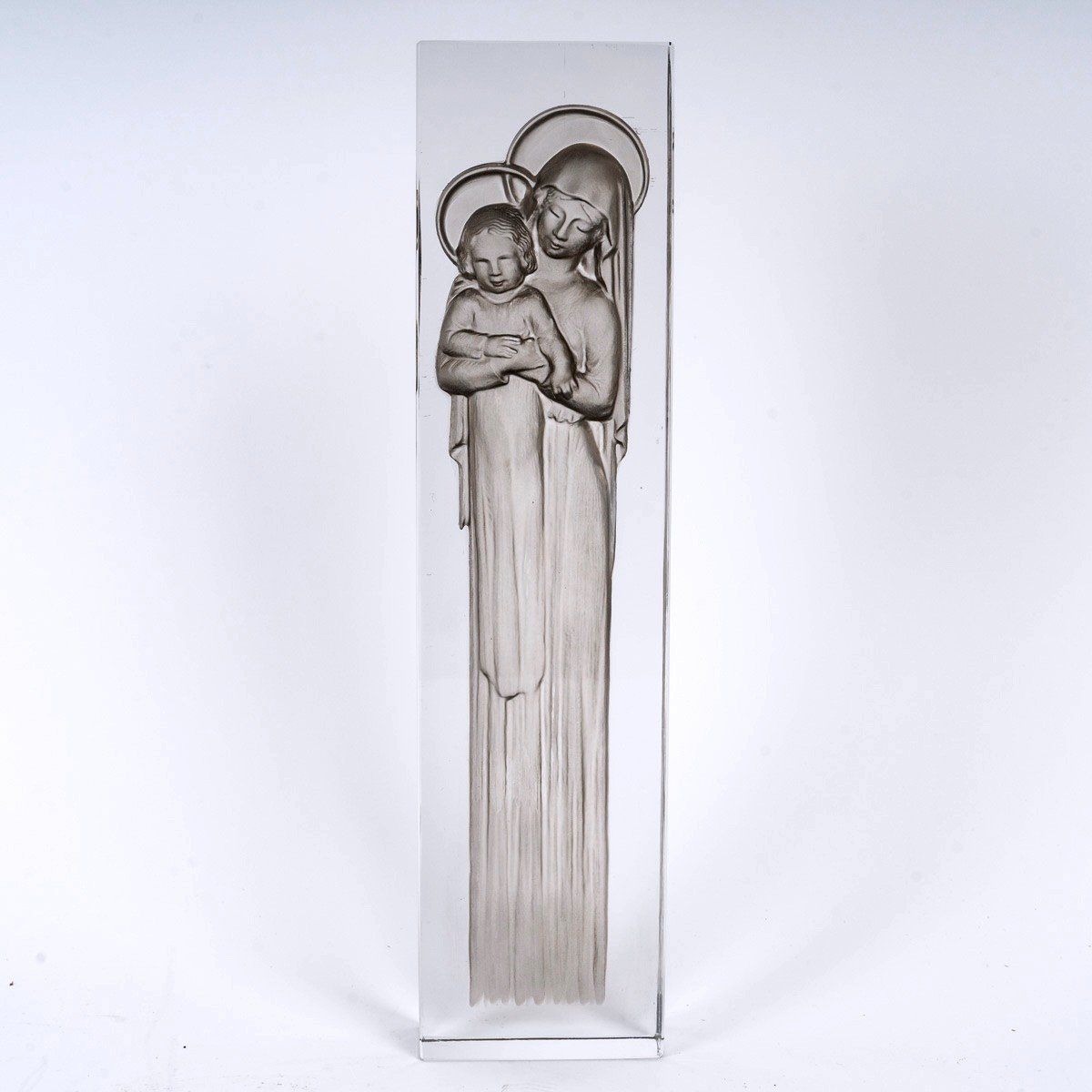 1934 René Lalique - Statuette Vierge A l'Enfant Verre Blanc Patiné Gris