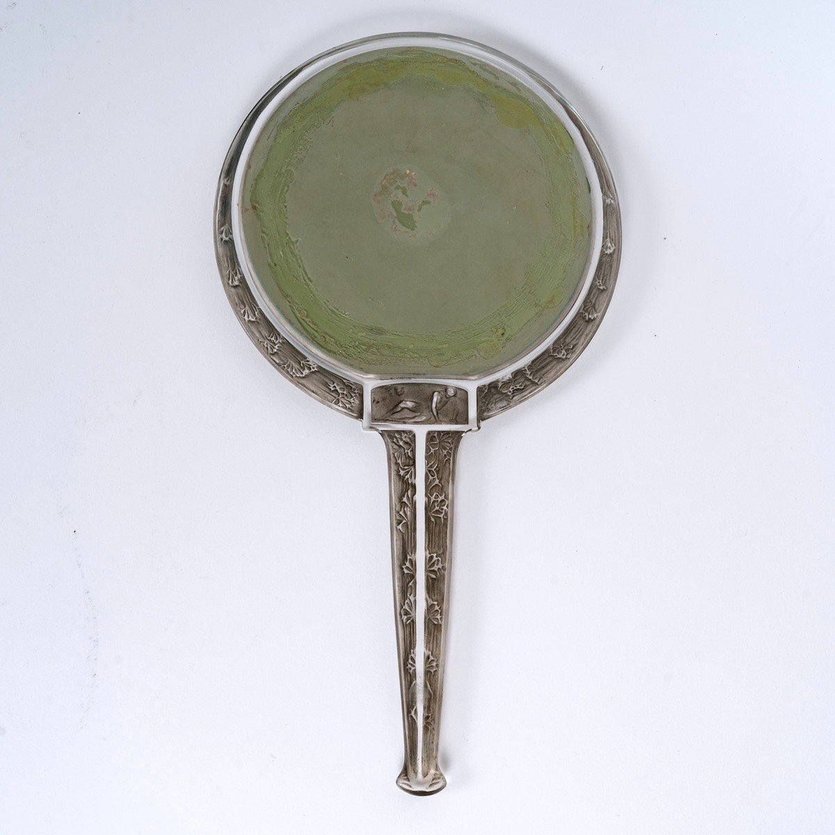 1912 René Lalique - Hand Mirror Narcisse Couche Glass With Grey Patina-photo-4