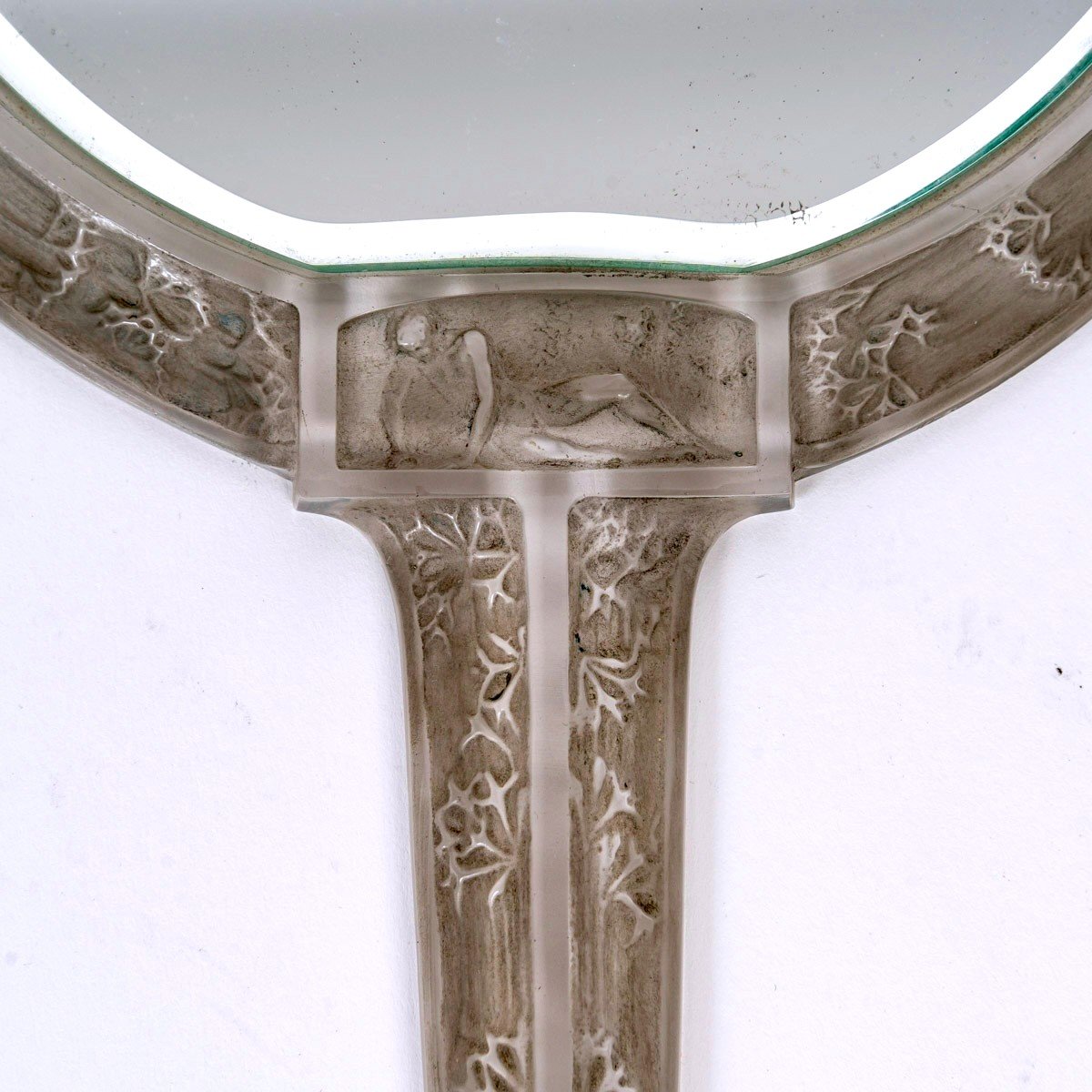 1912 René Lalique - Hand Mirror Narcisse Couche Glass With Grey Patina-photo-1