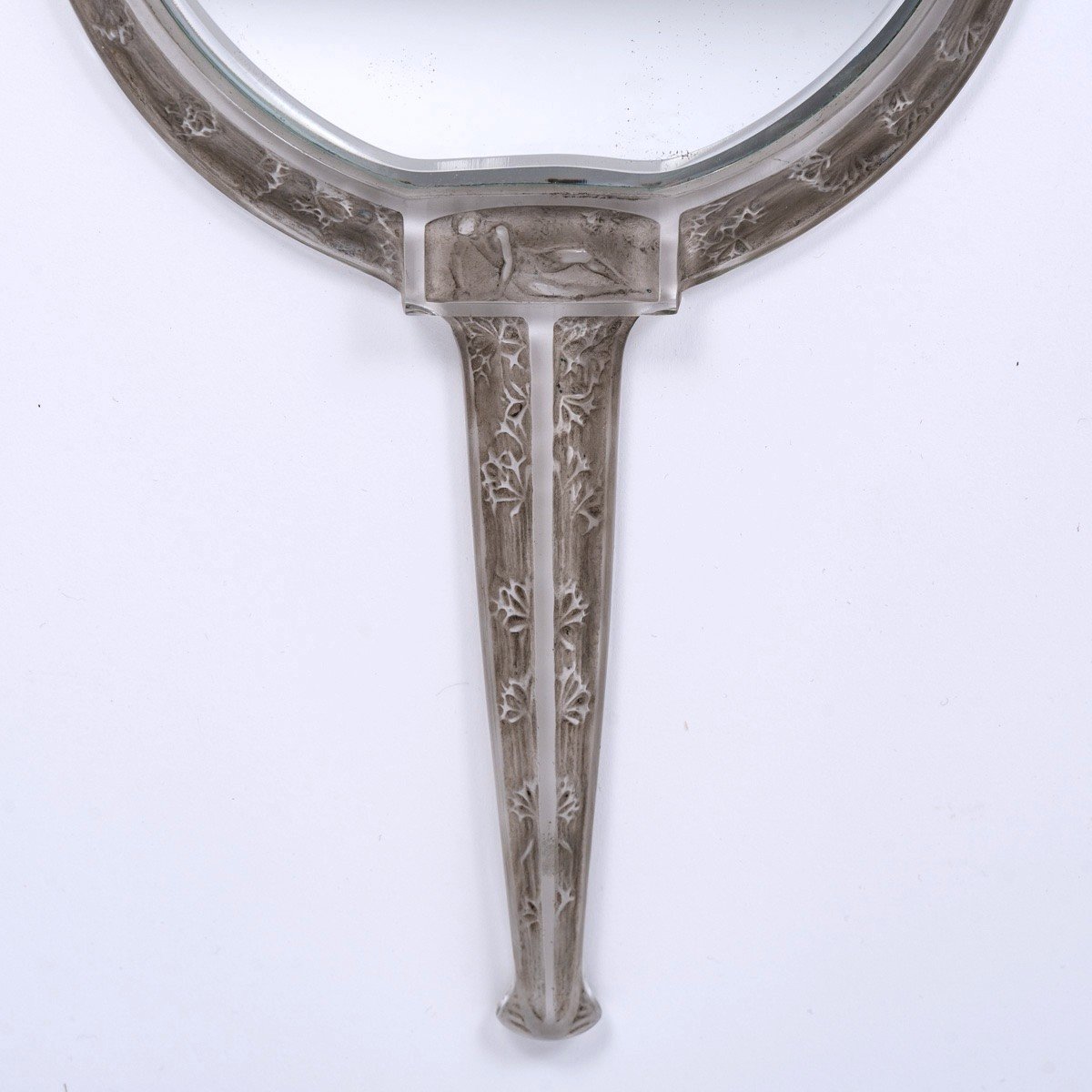 1912 René Lalique - Miroir Narcisse Couché Verre Blanc Patiné Gris-photo-3