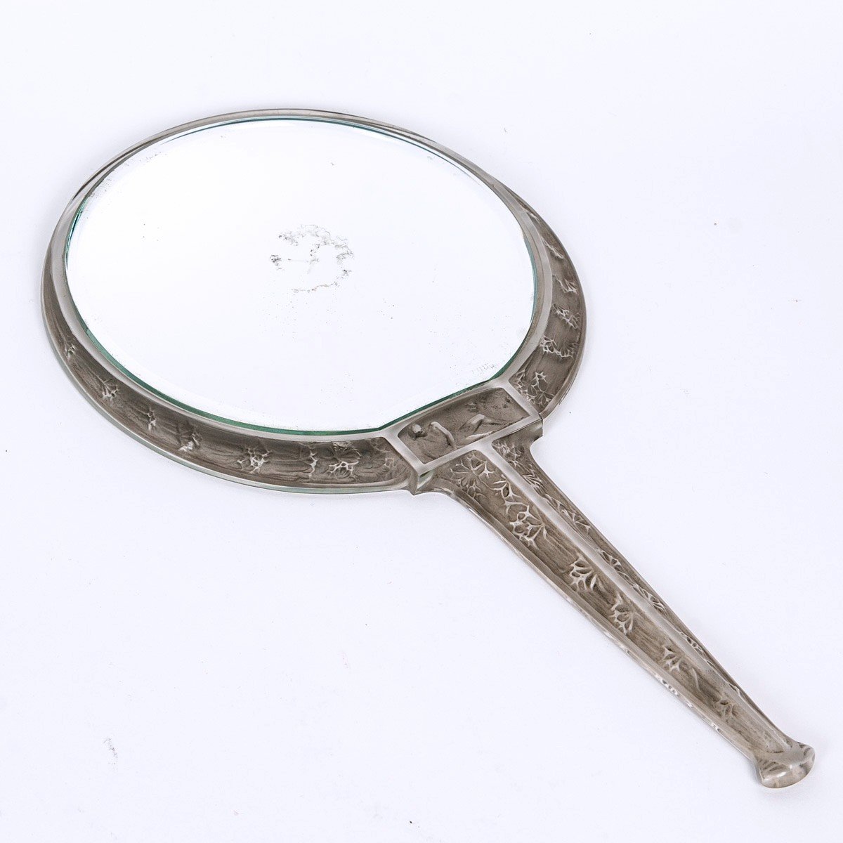 1912 René Lalique - Hand Mirror Narcisse Couche Glass With Grey Patina