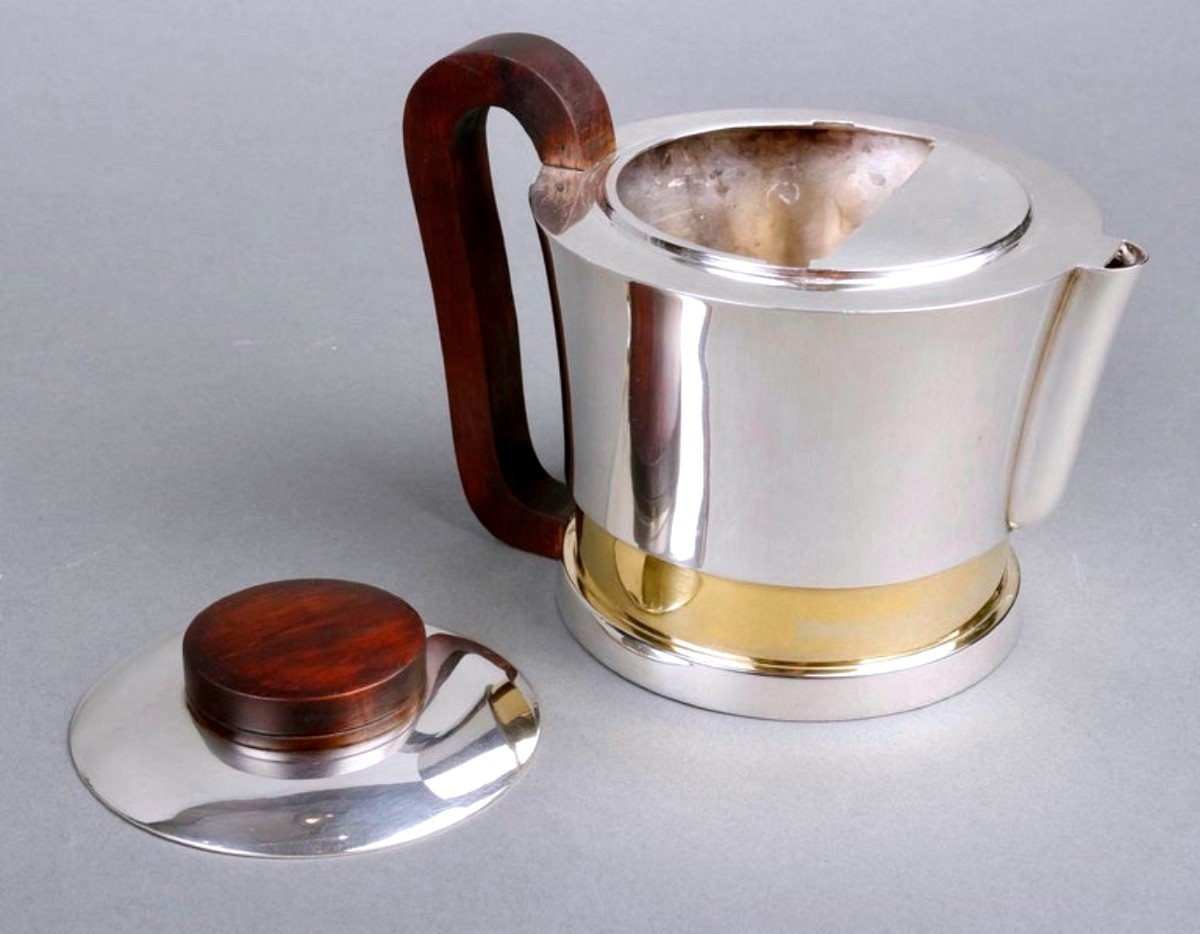 1930 Jean E. Puiforcat Modernist Tea Coffee Set Sterling Silver Vermeil Rosewood-photo-6