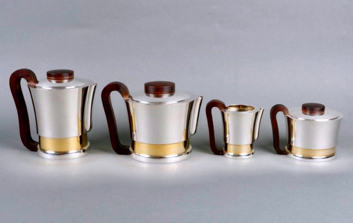 1930 Jean E. Puiforcat Modernist Tea Coffee Set Sterling Silver Vermeil Rosewood