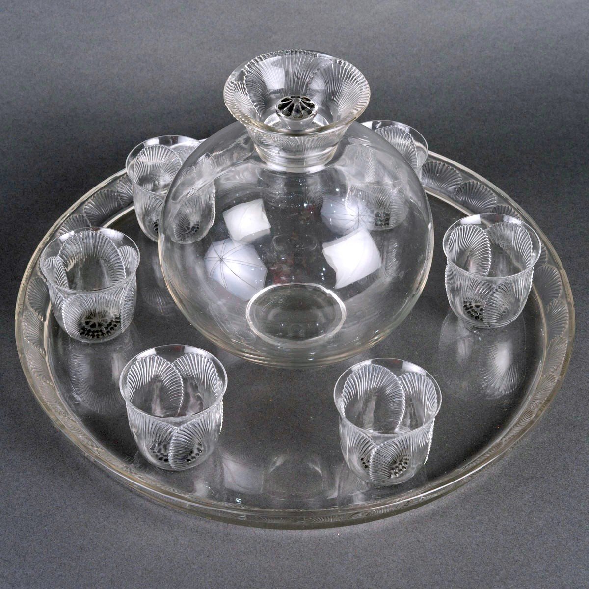 1931 René Lalique - Set Coquelicot Glass - 6 Glasses, 1 Decanter, 1 Tray-photo-2