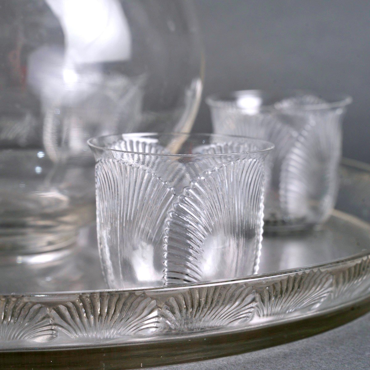 1931 René Lalique - Set Coquelicot Glass - 6 Glasses, 1 Decanter, 1 Tray-photo-4