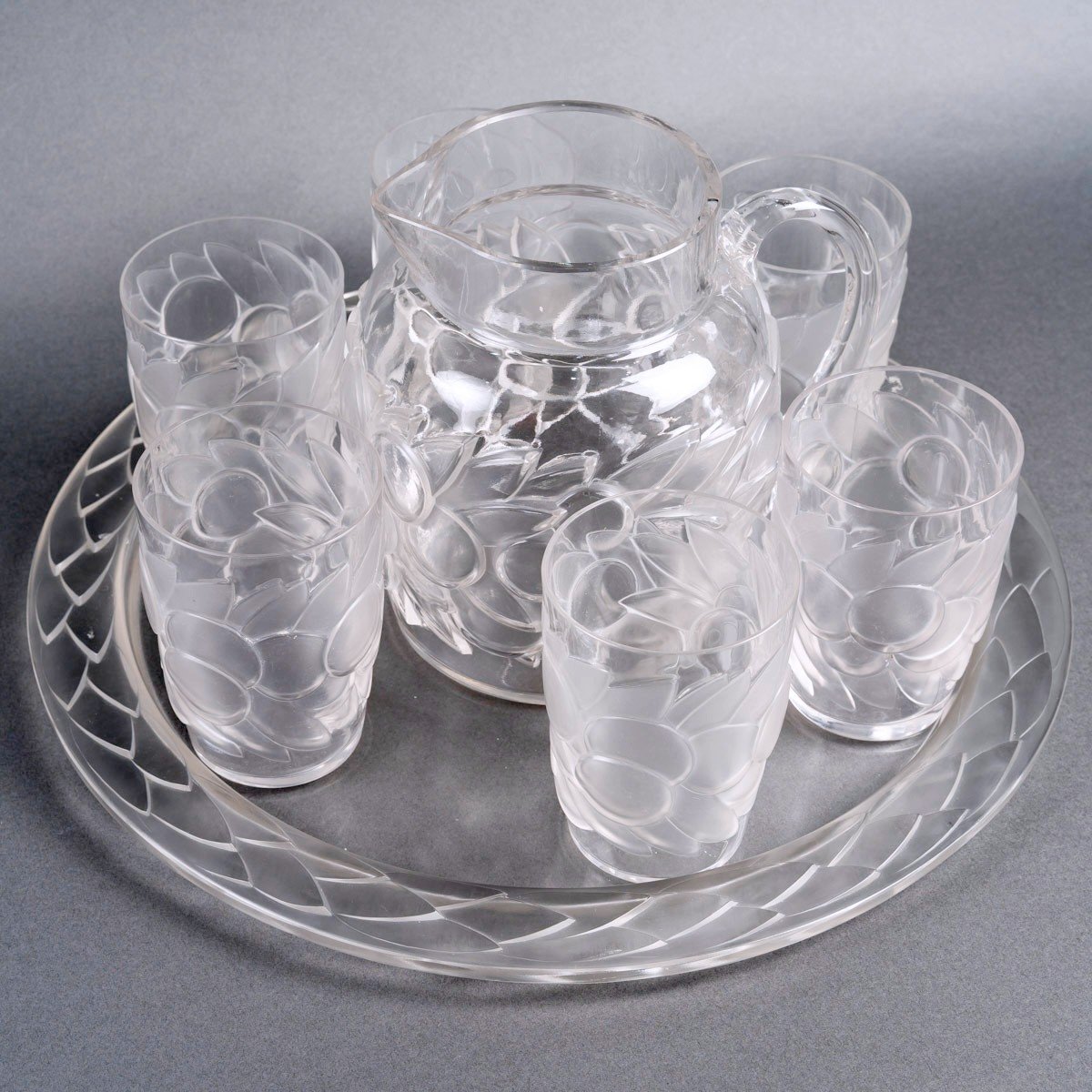 1931 René Lalique - Set  Blidah Glass - 6 Glasses, 1 Decanter, 1 Tray-photo-2