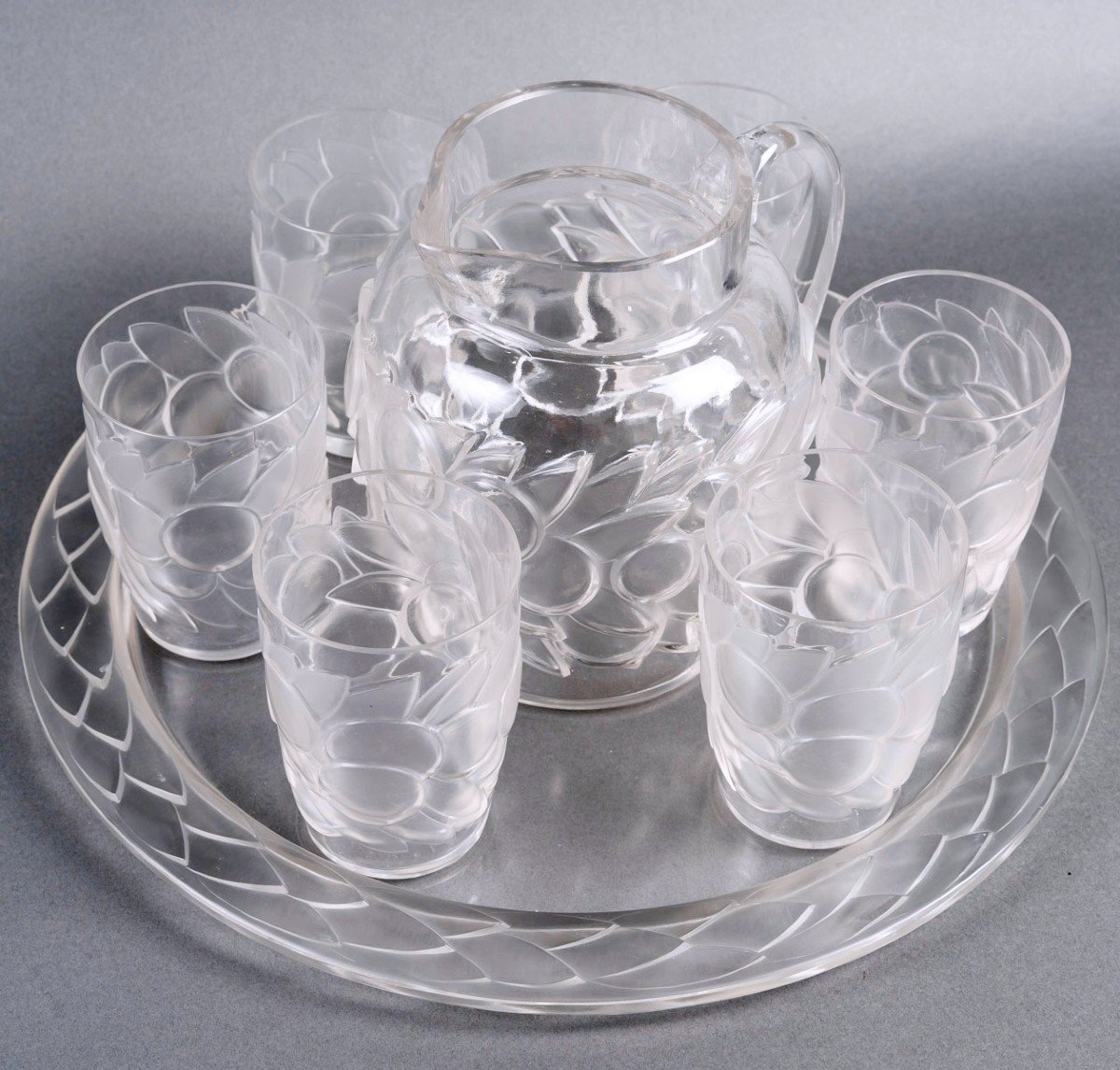 1931 René Lalique - Set  Blidah Glass - 6 Glasses, 1 Decanter, 1 Tray-photo-3