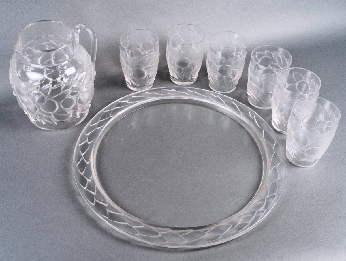 1931 René Lalique - Set  Blidah Glass - 6 Glasses, 1 Decanter, 1 Tray-photo-4